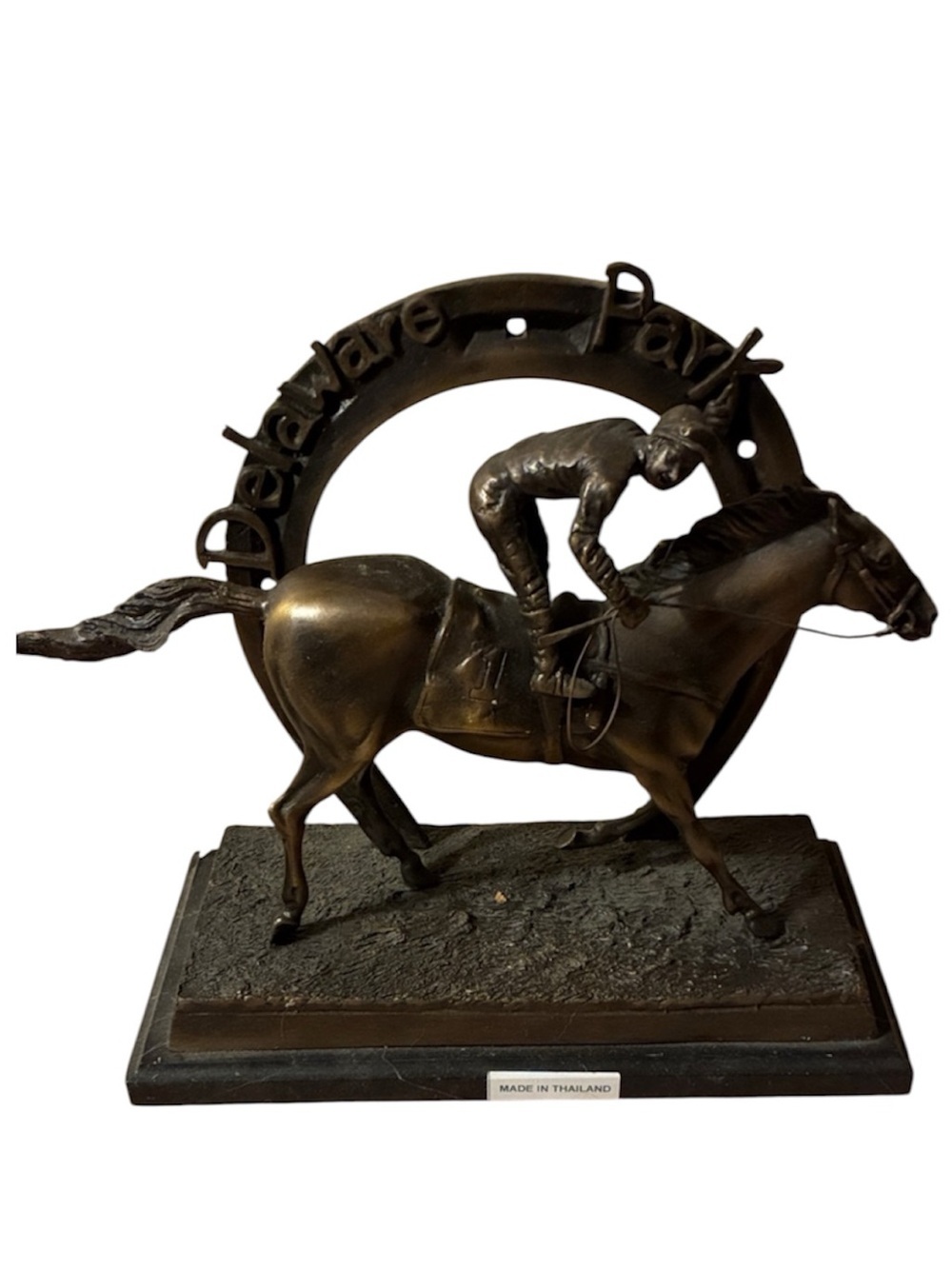 Delaware Park Bronze Horse Racing Sculpture Horseshoe Jockey Statue